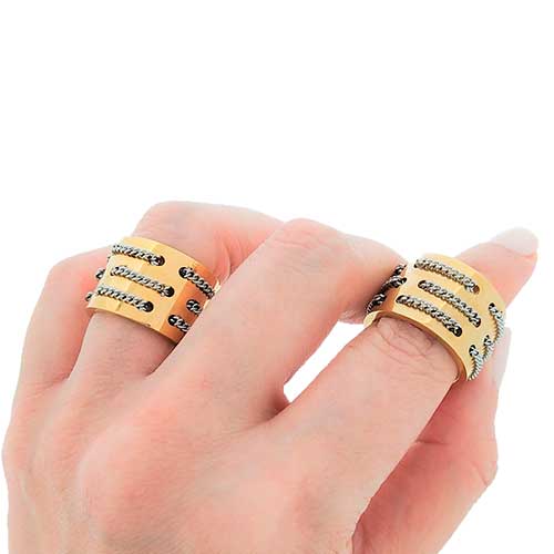 Anillo de Acero, tono Dorado, decoración de cadena - Flip image view