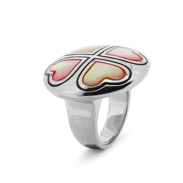 Anillo de Acero, figura de corazón en piedra nácar multicolor