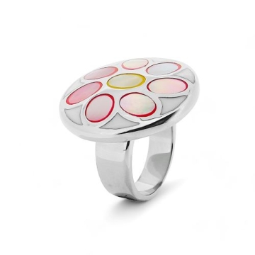 Anillo de Acero, piedra nácar multicolor