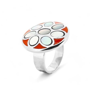 Anillo de Acero, esmalte rojo, piedras multicolor nácar
