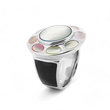 Anillo de Acero, esmalte negro, piedras multicolor nácar