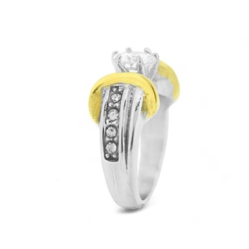 Anillo solitario de Acero, dos tonos, piedra circular, zirconias