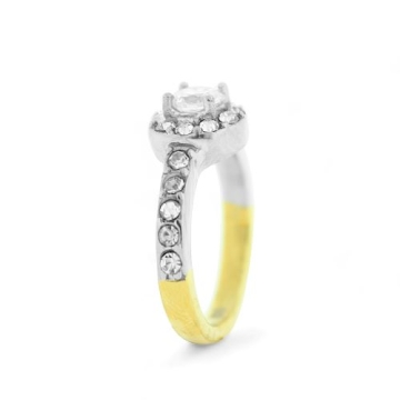 Anillo solitario de Acero, dos tonos, piedra circular, zirconias