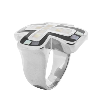 Anillo de Acero, figura de cruz en piedra multicolor