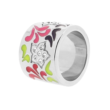 Anillo de Acero, figuras en esmalte multicolor y zirconias