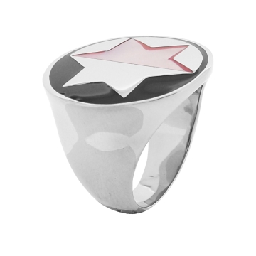Anillo de Acero, estrella de piedra nácar rosada y blanca