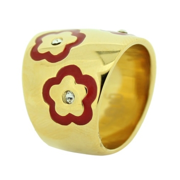 Anillo de Acero, tono dorado, esmalte de flor rojo, zirconias