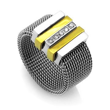 Anillo de Acero, dos tonos, zirconias, elástico