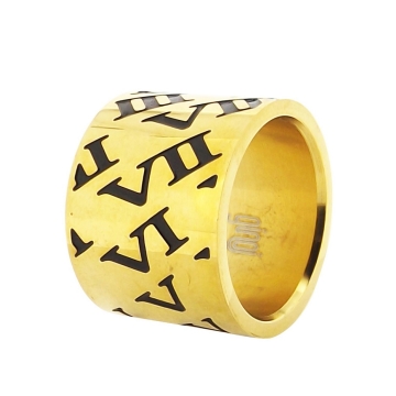 Anillo de Acero, tono Dorado, números romanos, esmalte negro