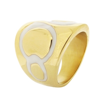 Anillo de Acero,tono Dorado, esmalte blanco