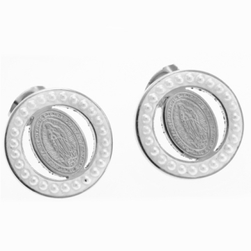 Aretes De Acero Stud Perlas Blancas Figura Virgen De Guadalupe