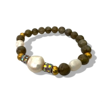 Brazalete Piedras Verde Oliva y Perlas