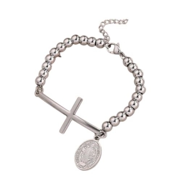 Brazalete Ajustable con Beads Plateados de 4mm, Motivo Religioso