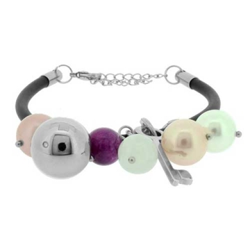 Brazalete  PU negro&Perlas color rosa