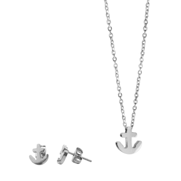 Set de Acero, Collar y Aretes en Tono Acero, Forma de Ancla