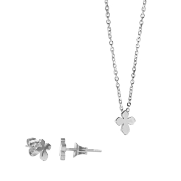 Set de Acero, Collar y Aretes en Tono Acero, Cruz Fina