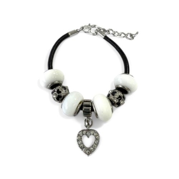 Brazalete con Encantos de corazón y blancos para mujeres y niñas, cadena de cuerda de cuero, 7 pulgadas. Estilo Pandora®