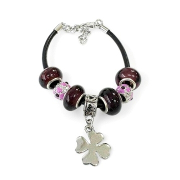 Brazalete con Encantos de Trébol y violetas para mujeres y niñas, cadena de cuerda de cuero, 7 pulgadas. Estilo Pandora®