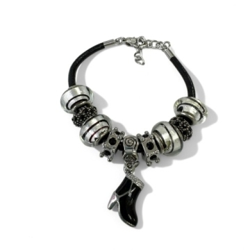 Brazalete con Encantos de Bota y color plata negros para mujeres, Cadena de Cuerda De cuero, 7 pulgadas. Estilo Pandora®
