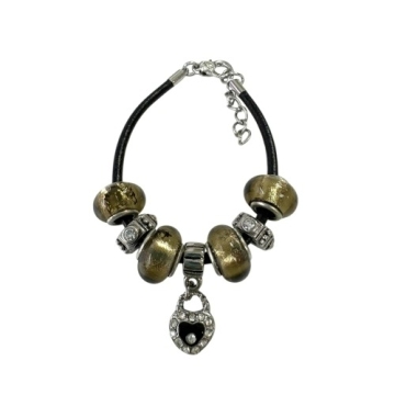Brazalete con Encantos de corazón y Gris para mujeres, Cadena de Cuerda de cuero, 7 pulgadas. Estilo Pandora®