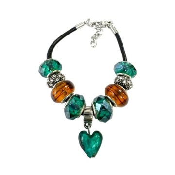 Brazalete con Encantos De corazón, Azules Turquesa y naranja Para Mujeres, Cadena de Cuerda De cuero, 7 pulgadas. Estilo Pandora®
