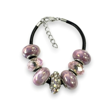 Brazalete con Encantos Rosados Para Mujeres, Cadena de Cuerda De cuero, 7 pulgadas. Estilo Pandora®