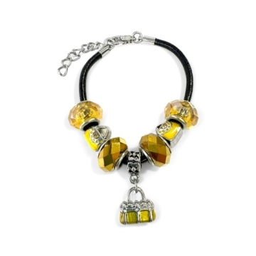 Brazalete de Encantos De Bolso y Amarillos Para Mujeres, Cadena de Cuerda De cuero, 7 pulgadas. Estilo Pandora®