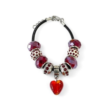 Brazalete con Encantos De corazón de cristal y Rojos Para Mujeres, Cadena de Cuerda De cuero, 7 pulgadas. Estilo Pandora®