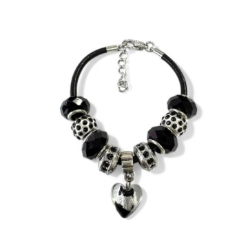 Brazalete de Encanto De corazón de cristal y Negros Para Mujeres , Cadena de Cuerda De cuero, 18 pulgadas. Estilo Pandora