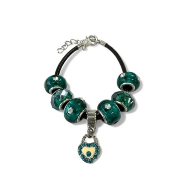 Brazalete de Encantos De corazón y Verdes Para Mujeres y Muchachas, Cadena de Cuerda De cuero, 7 pulgadas. Estilo Pandora®