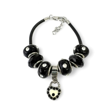 Brazalete con Encantos De corazón y Negros Para Mujeres, Cadena de Cuerda De cuero, 7 pulgadas. Estilo Pandora®