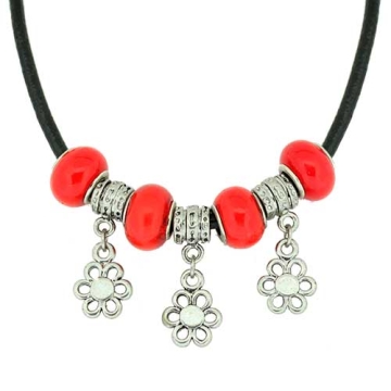 Collar con Encantos de Trébol y rojos para mujeres, cadena de cuerda de cuero, 7 pulgadas. Estilo Pandora®