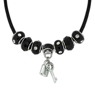 Collar Fabulosa con Encantos Negros para mujeres, Cadena de Cuerda de cuero, 7 pulgadas. Estilo Pandora