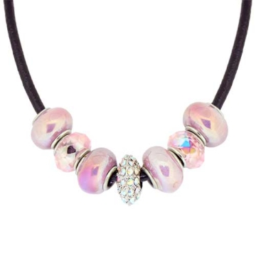 Collar con Encantos Rosados Para Mujeres, Cadena de Cuerda De cuero, 7 pulgadas. Estilo Pandora®