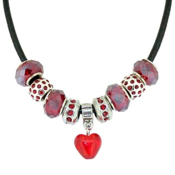 Collar con Encantos De corazón de cristal y Rojos Para Mujeres, Cadena de Cuerda De cuero, 7 pulgadas. Estilo Pandora®