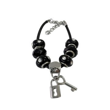 Brazalete con Encantos Negros Para Mujeres, Cadena de Cuerda De cuero, 7 pulgadas. Estilo Pandora®