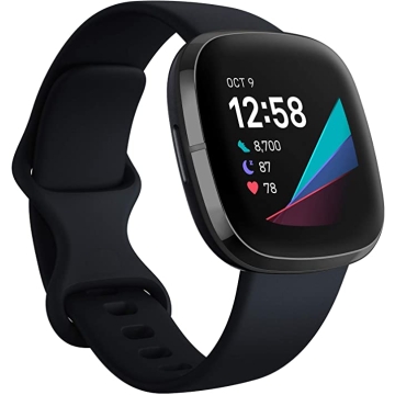 Fitbit Sense avanzado con herramientas para la salud del corazón, manejo del estrés y tendencias de temperatura de la piel, Alexa integrado, blanco / dorado, talla única (bandas S y L incluidas)-Negro/Carbón