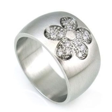 Anillo de Acero, figuras de flor decorada con zirconias