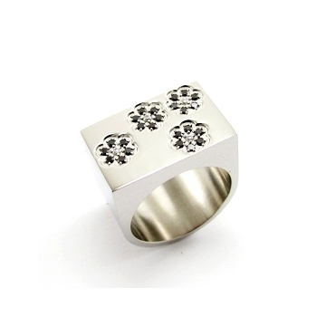 Anillo de Acero, figuras de flores, zirconias negras