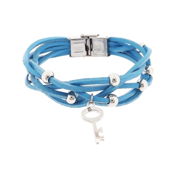Brazalete Cuero azul esferas y colgante de LLave