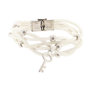 Brazalete Cuero blanco esferas y colgante de Llave