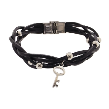 Brazalete  Cuero Negro Esferas y Colgante de Llave