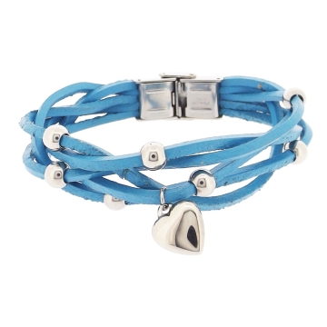 Brazalete Cuero azul esferas y colgante Corazón