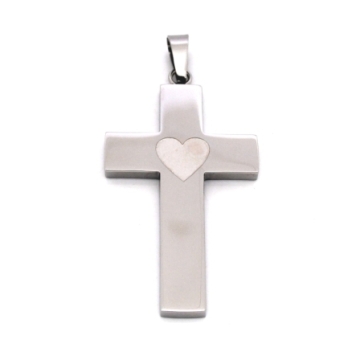 Dije con forma de cruz, centro corazón nácar