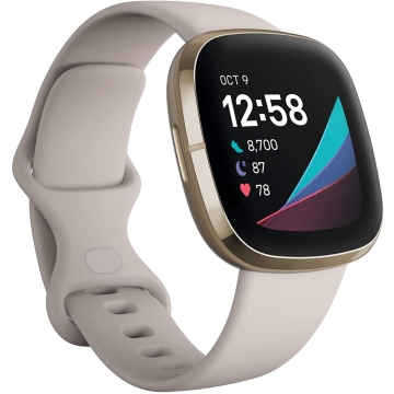 Fitbit Sense avanzado con herramientas para la salud del corazón, manejo del estrés y tendencias de temperatura de la piel, Alexa integrado, blanco / dorado, talla única (bandas S y L incluidas)
