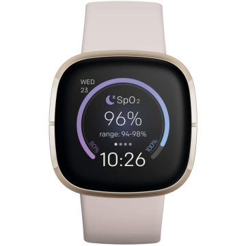 Fitbit Sense avanzado con herramientas para la salud del corazón, manejo del estrés y tendencias de temperatura de la piel, Alexa integrado, blanco / dorado, talla única (bandas S y L incluidas)-Blanco