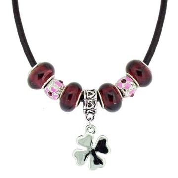 Collar con Encantos de Trébol y violetas para mujeres, cadena de cuerda de cuero, 7 pulgadas. Estilo Pandora®