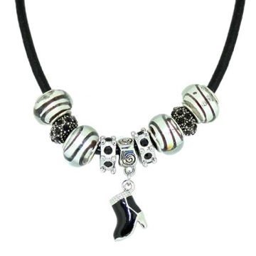 Collar con Encantos de Bota y color plata negros para mujeres, Cadena de Cuerda De cuero, 7 pulgadas. Estilo Pandora®