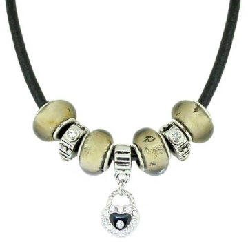 Collar con Encantos De corazón y Gris para mujeres, Cadena de Cuerda de cuero, 7 pulgadas. Estilo Pandora®