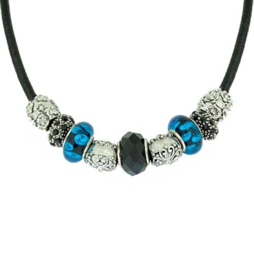 Collar Fabulosa con Encantos Azules y Negros para mujeres, Cadena de Cuerda de cuero, 7 pulgadas. Estilo Pandora